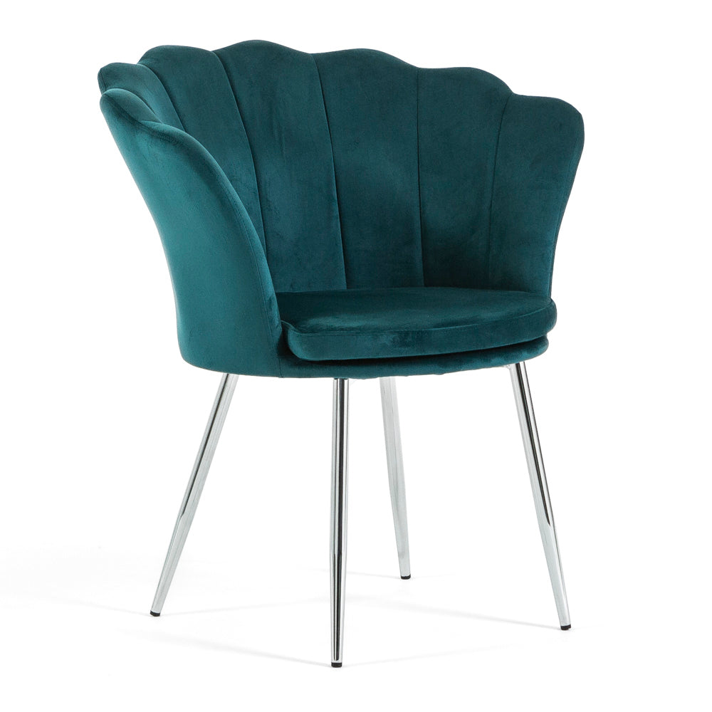 Shelly – Poltroncina design petali in velluto con gambe in metallo, colore ottanio, gambe argento, tipo di tessuto velluto